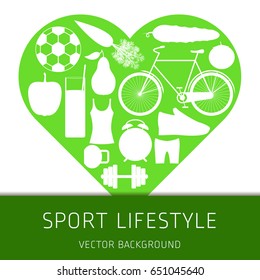 Concept of sport lifestyle, sports equipment, nutrition, vector background, health, banner, silhouette, heart
