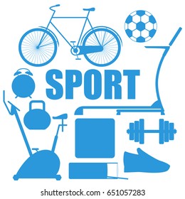 Concept of sport lifestyle, sports equipment, nutrition, vector background, health, banner, silhouette