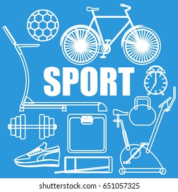 Concept of sport lifestyle, sports equipment, nutrition, vector background, health, banner, silhouette