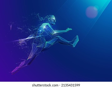 concept of sport science or business metaphor, graphic of futuristic low poly man jumping into lighting effect