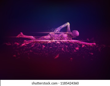 concept of sport science, polygon female athlete swimming with lighting effect