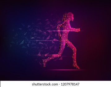 Concept Of Sport Science, Polygon Female Athlete Running With Lighting Effect