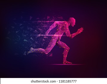 Concept Of Sport Science, Polygon Male Athlete Running With Lighting Effect