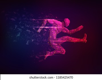 concept of sport science, polygon male athlete jumping with lighting effect