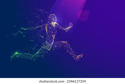 concept of sport science technology, polygon runner jumping with futuristic element