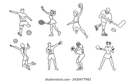 A concept for sports betting from playing different sports games in black on a white background. Icons and silhouettes of people.
