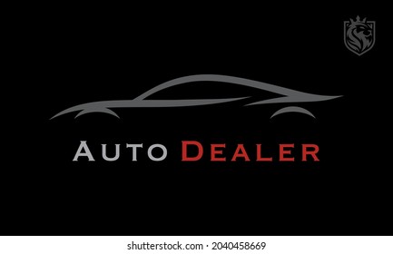 Concept Sports Car Dealership Logo Design. Isolated Supercar Silhouette On Black Background. Performance Motor Vehicle Service Garage Brand Icon. Vector Illustration.