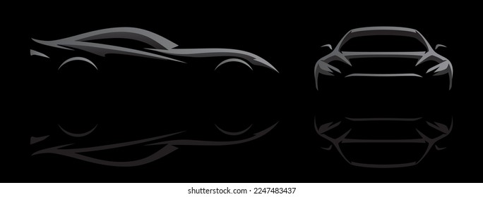 Concept sports car silhouette set. Auto garage vehicle showroom. Premium motor car dealership. Vector illustrations.