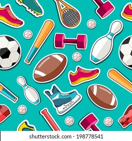 Concept of sports equipment sticker seamless pattern. vector illustration design