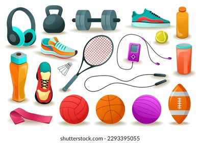 Concept Sports equipment. This flat cartoon design displays a set of sport equipment items, such as balls, rackets, and weights. Vector illustration.