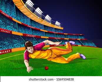 Concept of sportsman playing Cricket match sport. Vector illustration