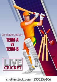 Concept of sportsman playing Cricket match sport. Vector illustration