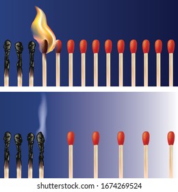 Concept of the spread of an epidemic with matches which by proximity transmit their flames and others which contain the contagion by keeping their distance.