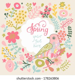 Concept spring background in vector. Bright flowers, hearts and bird in pastel modern colors