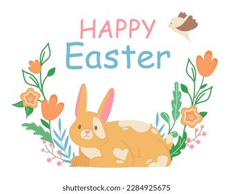 Concept Spring Easter rabbit bunny flowers bird happy easter title. This vector illustration features a cute and colorful Easter scene with a bunny surrounded by flowers. Vector illustration.