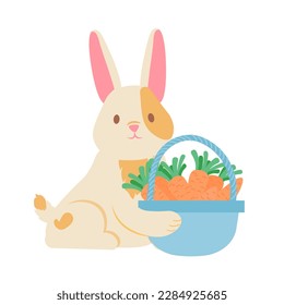 Concept Spring Easter rabbit bunny with a basket full of carrots. This vector illustration depicts an adorable spring scene with an Easter rabbit and a bunny. Vector illustration.
