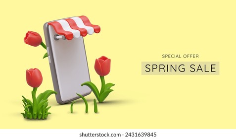 Concept of spring sale in online store. 3D smartphone with striped canopy, grass, tulips