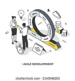 Concept of sprint in agile development. Team member reviewing sprint backlog with SCRUM master. Isometric vector illustration with isolated objects