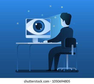 Concept of spying. Big brother is watching a man. Flat design, vector illustration