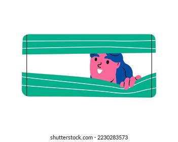 Concept spying, observing. Woman peeping, hiding, window. Flat vector illustration isolated on white background

