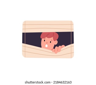 Concept spying, observing. Young man peeping, hiding, window. Vector illustration