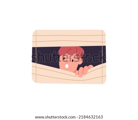 Concept spying, observing. Young man peeping, hiding, window. Vector illustration