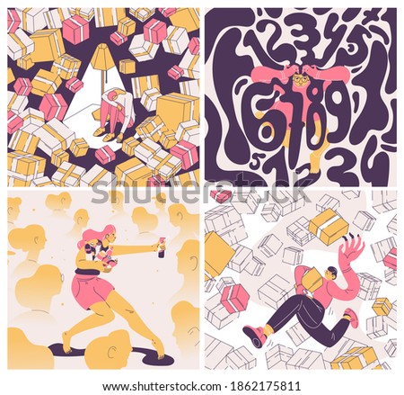 Concept square illustrations with people suffering from OCD. Pink, yellow and dark purple, outline style. Obsessive compulsive disorder for buying and collecting things, cleaning and counting