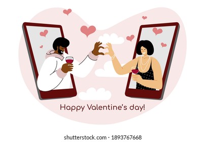 A concept of St. Valentine’s day online date. A Vector illustration of an interethnic couple connecting via smartphone mobile app. An internet dating application. Long distance romantic relationship.