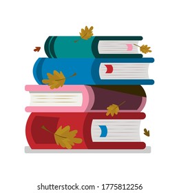 Concept stack of books and textbooks on the background of autumn leaf fall. Flat style illustration. For school announcements, school libraries, bookstores. Back to school. Vector graphics.