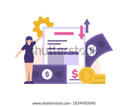 concept of staff accounts receivable and accounts payable, accounting or financial management. illustrations of women, paper reports, gear, banknotes and coins. transaction. flat style. design element