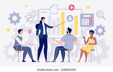 Concept Of Staff Training, Meeting, Business, Teamwork. Vector Illustration In Cartoon Flat Style.