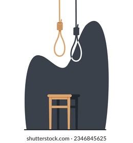 Concepto de estancamiento y bloqueo, taburete y nudo para colgar. Bucle sordo, nodo escafada, lazo Lynch, aprieta la nariz. Enfermedades mentales, depresión. Ilustración del suicidio del vector aislado de dibujos animados