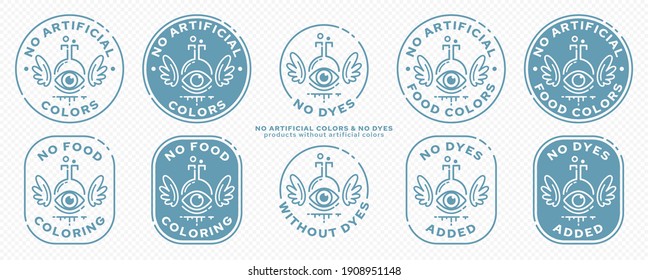 Concept stamps for product packaging - no artificial colors. The flask is an eye with wings and a line of an ingredient flowing out - a symbol of liberation from synthetic components. Vector