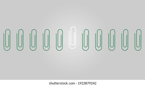 Concept to stand out from the group, be different think, individually, abstract background. Simple white minimal office paper clip vector outline icon. Unique success business illustration.