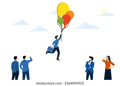 concept of stand out skills to be different from others, successful leader with winning strategy, smart businessman flying in a balloon suit compared to other competitors or recruiting candidates.