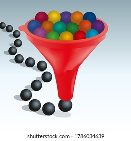 Concept of standardization and uniformity, with balls of different colors that all turn an identical black when passing through a funnel.