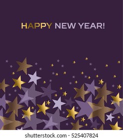 Concept star abstract vector illustration. Violet purple color background with gold and violet stars. New Year festive geometric vector motif. 