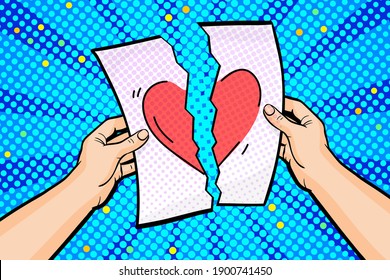 Concept of a star-crossed love affair in pop art style. Hands hold a torn sheet of paper with a picture of a broken heart