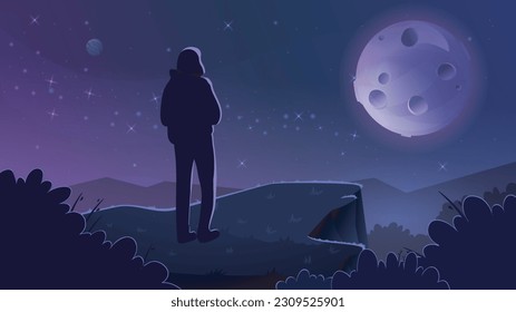 Concepto de inanición. El personaje se alza sobre una colina y mira al cielo estrellado. Astronomía y astrología, enseñanza y experimentación. Escena romántica, recreación nocturna al aire libre. Dibujo vectorial plano de dibujos animados