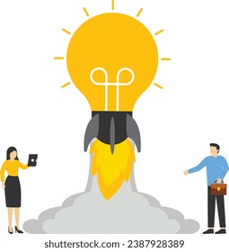 Concept Start a business for creativity and innovation, Creative concept, Learn to build skills, infographics. starting a company business, two businesswomen are happy with rocket gliding.

