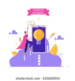 Concept of start up business, enterpreneur, 5G Internet connection on rocket, network system in clouds. Vector illustration in flat design