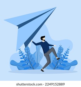Concept Start new business, ambitious entrepreneur running to launch big paper airplane startup or entrepreneurship, creativity and inspiration to achieve business success concept.