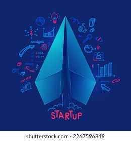 concept of start up project or business strategy, graphic of paper plane with business mind map 