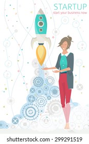 Concept of start up with rocket. Begin your business now.