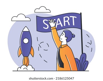 Concept of start up. Girl launches rocket, talented entrepreneur. Business and financial literacy, idea, insight and creative personality. Successful businesswoman. Cartoon flat vector illustration