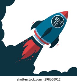 Concept of Start Up, rocket in flat style. Vector Illustration symbol of new success business. 