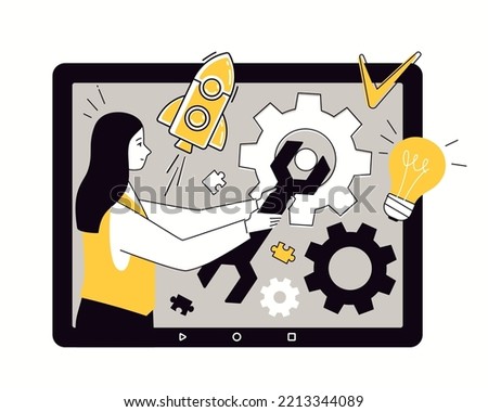 Concept of starting business process from idea to implementation. Startup development and management. Vector character flat cartoon illustration.