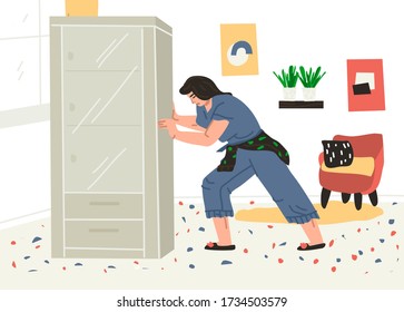 Concept of starting new life. Side view of unhappy young adult girl move in new accommodation, carrying heavy furniture, holding couch in hands.illustration of renovation, new interior and rearrangement