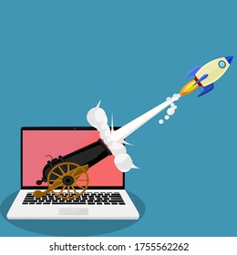 The concept starts with a rocket flying out of a laptop screen and a cannon eps