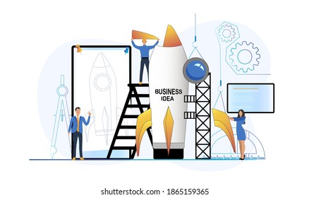 Concepto del proyecto de negocio de inicio. Equipo creativo prepara y lanza una idea de negocio de cohetes - planificación, estrategia, desarrollo, gestión. Inicio del proceso. Ilustración vectorial.